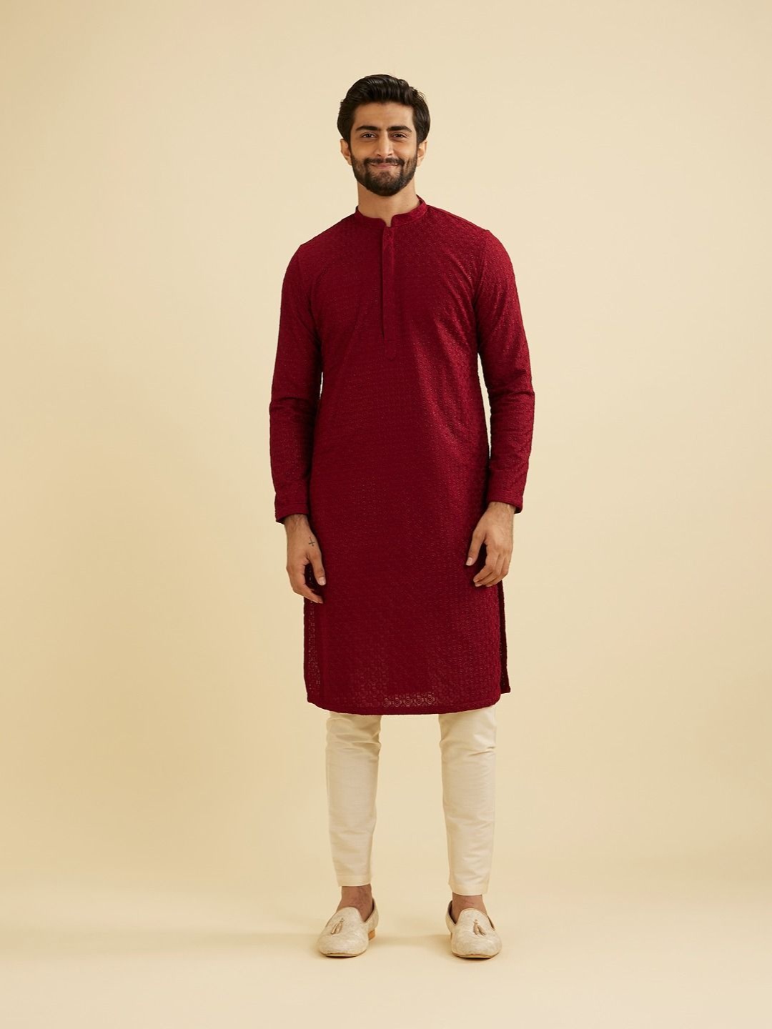 

Manyavar Embroidered Mandarin Collar Straight Kurta with Pyjamas, Maroon