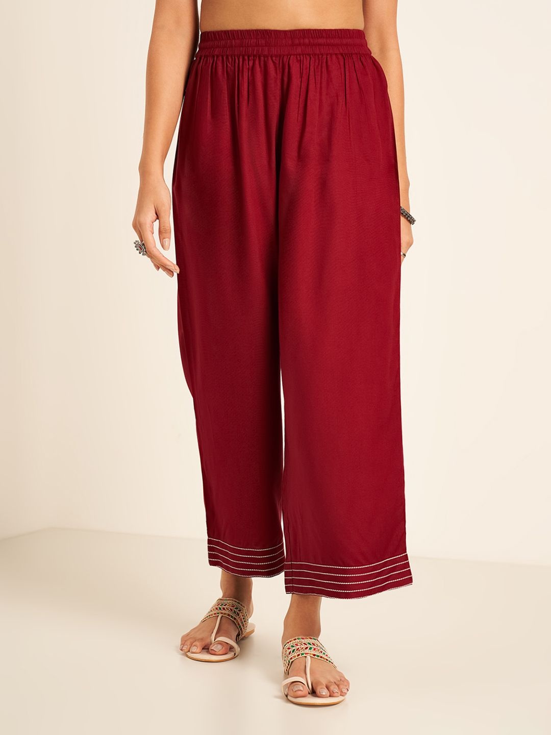 

RANGMANCH BY PANTALOONS Women Regular Fit Parallel Trousers, Red