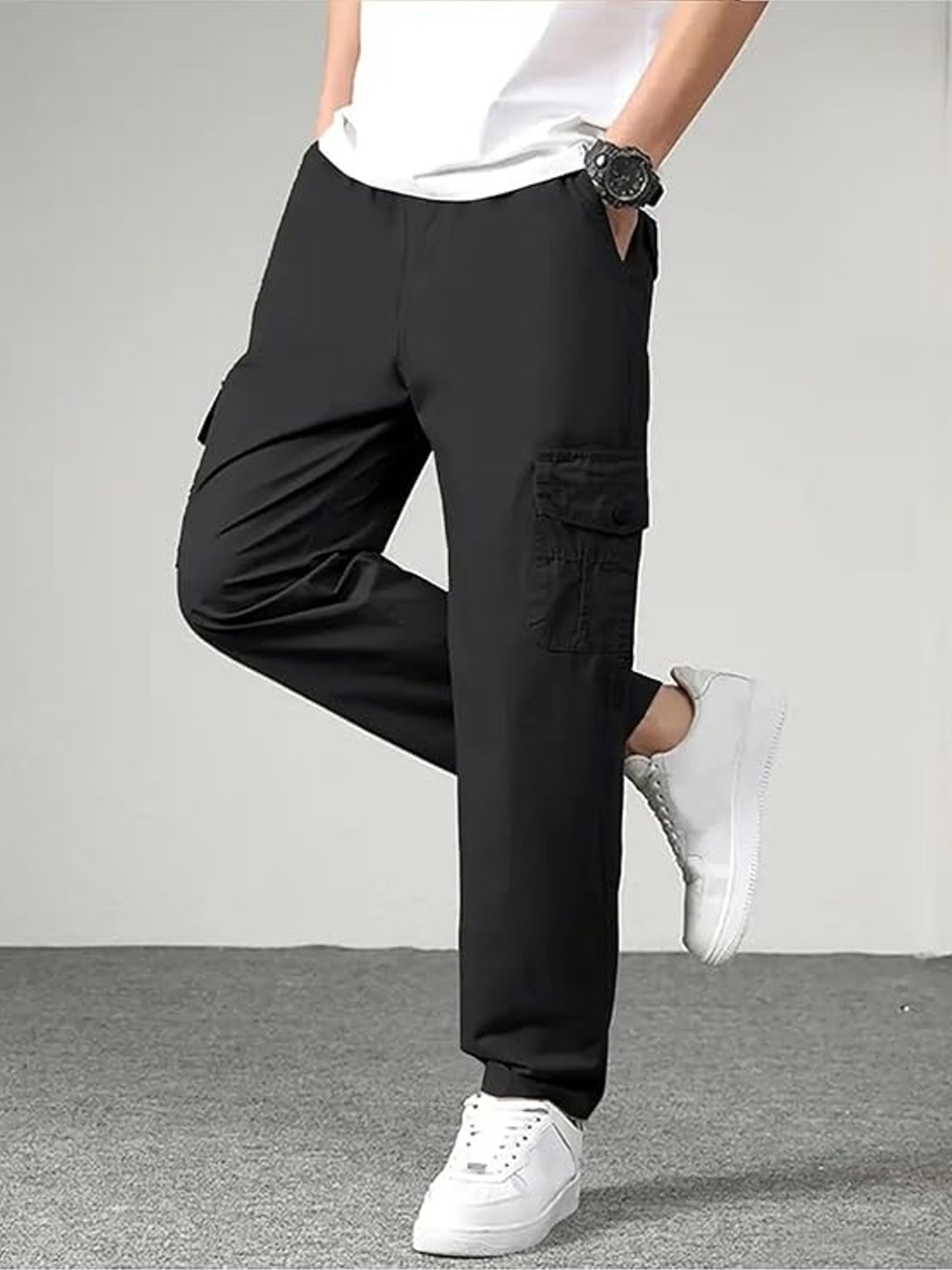 

Fashion2wear Men Relaxed Loose Fit High-Rise Wrinkle Free Joggers Trousers, Black