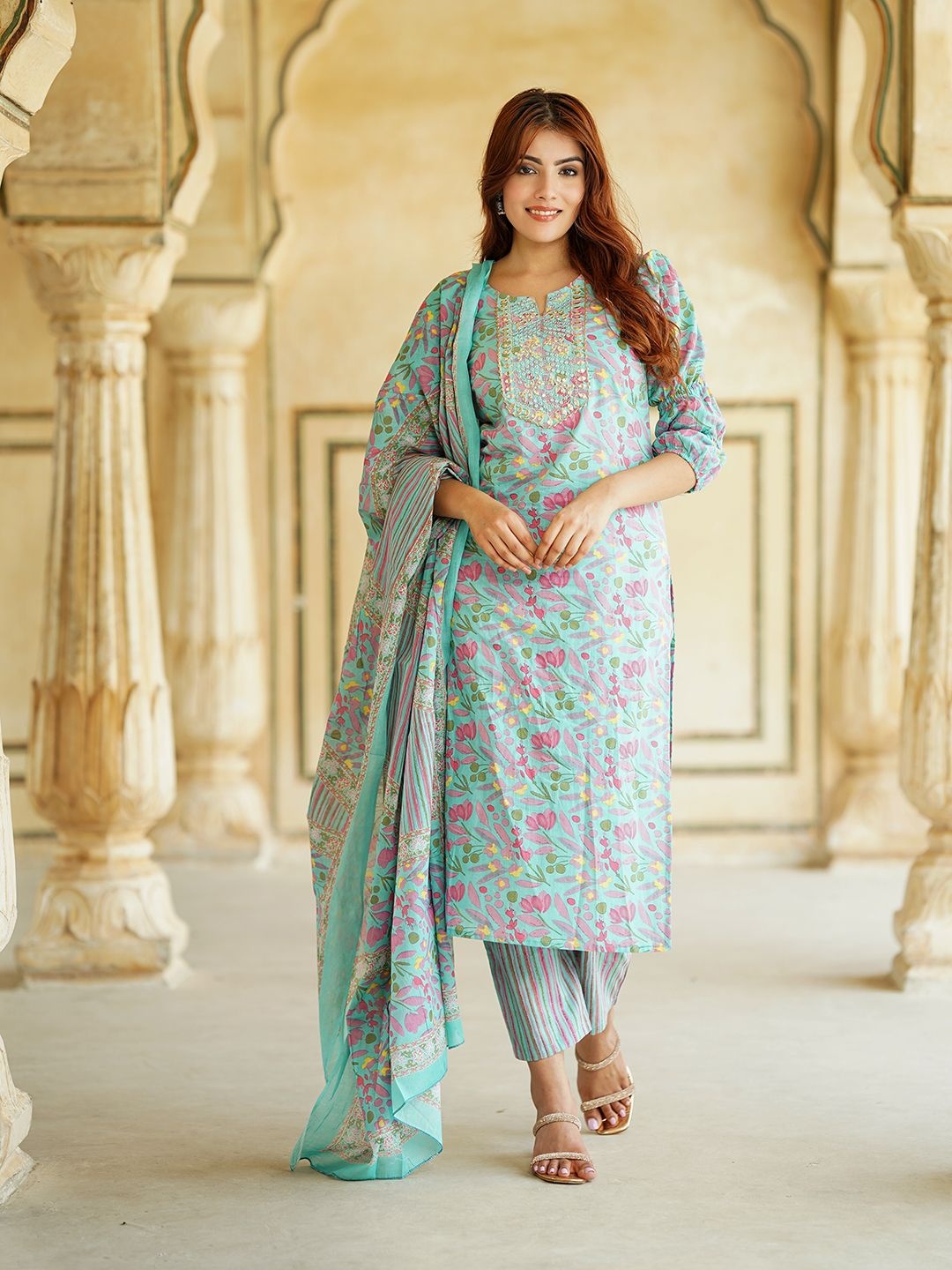

Jaitpuriya Floral Printed Notch-Neck Pure Cotton Straight Kurta With Trousers And Dupatta, Blue