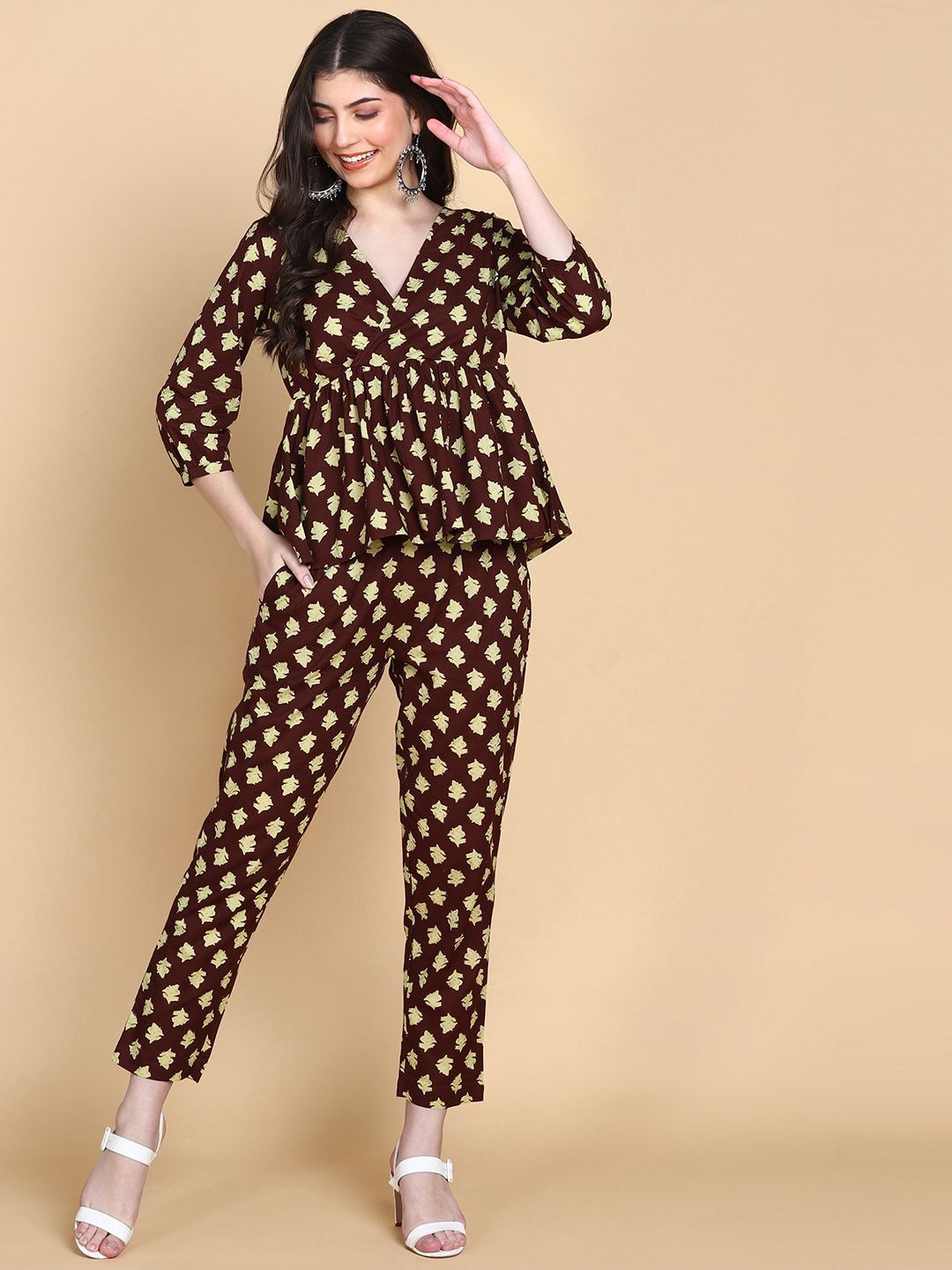 

HERE&NOW Printed V-Neck Three-Quarter Sleeves Pure Cotton Top & Trouser, Brown