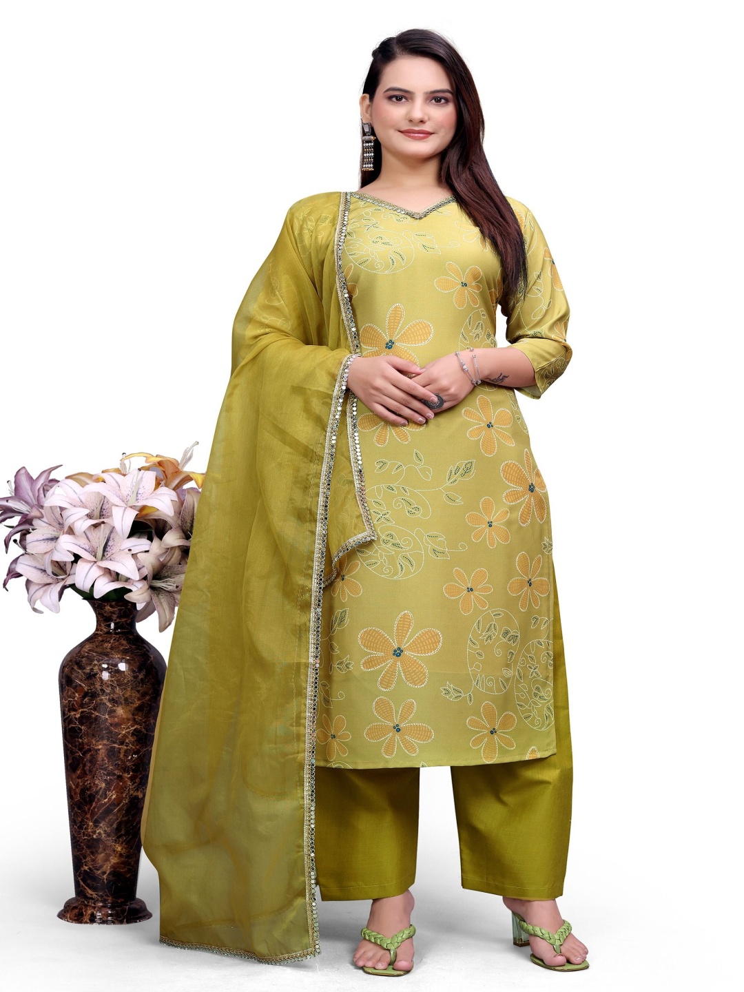 

FVD Floral Printed Mirror Work V-Neck Straight Kurta With Pyjamas And Dupatta, Green