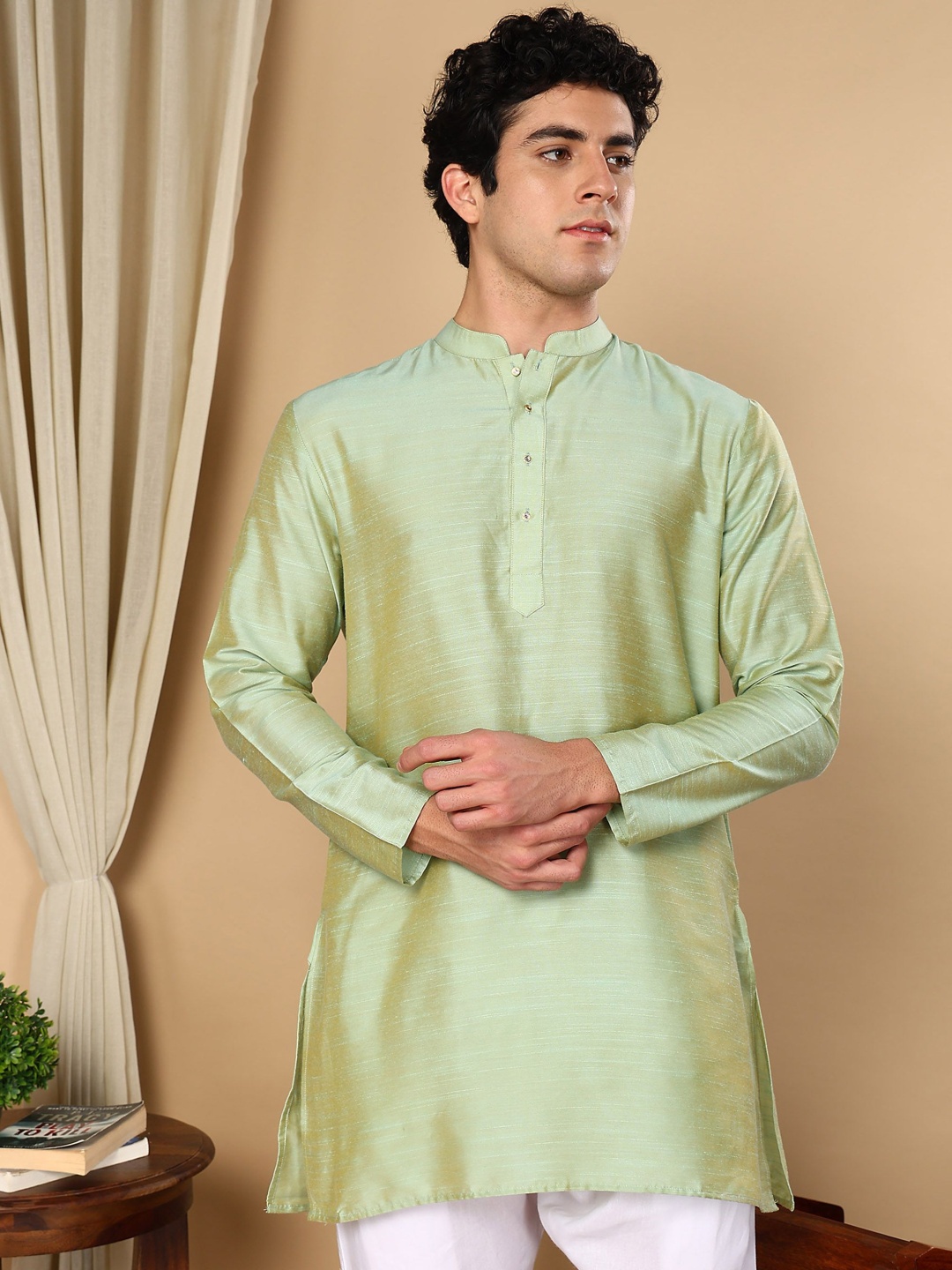

TATTVA Mandarin Collar Pure Cotton Straight Kurta, Olive