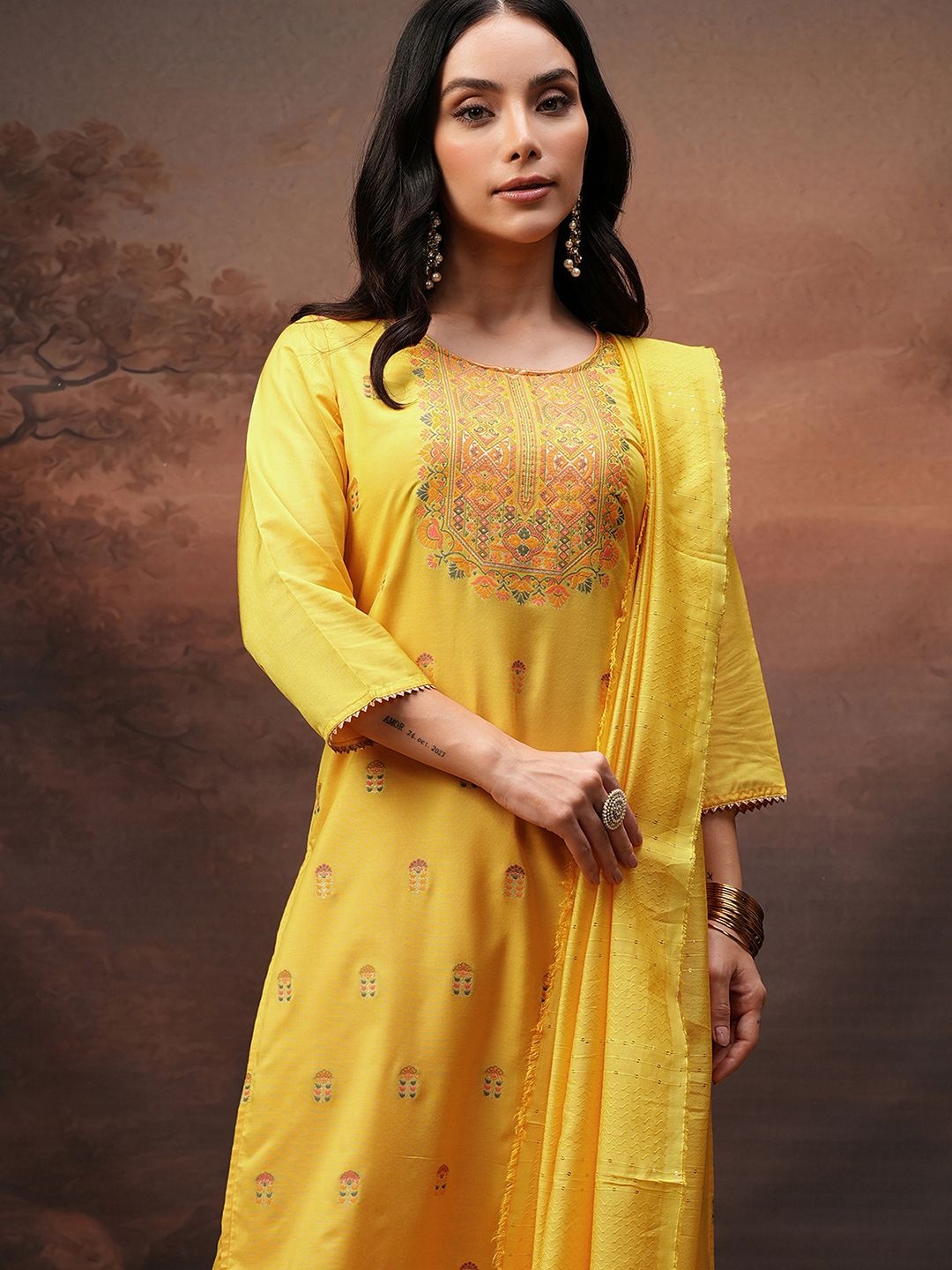 

Vishudh Ethnic Motifs Printed Thread Work Straight Kurta With Trouser And Dupatta, Mustard