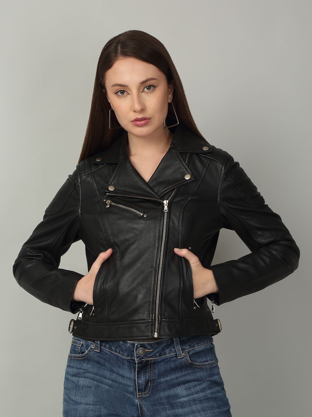 

Teakwood Leathers Women Lapel Collar Solid Leather Casual Leather Lightweight Jacket, Black