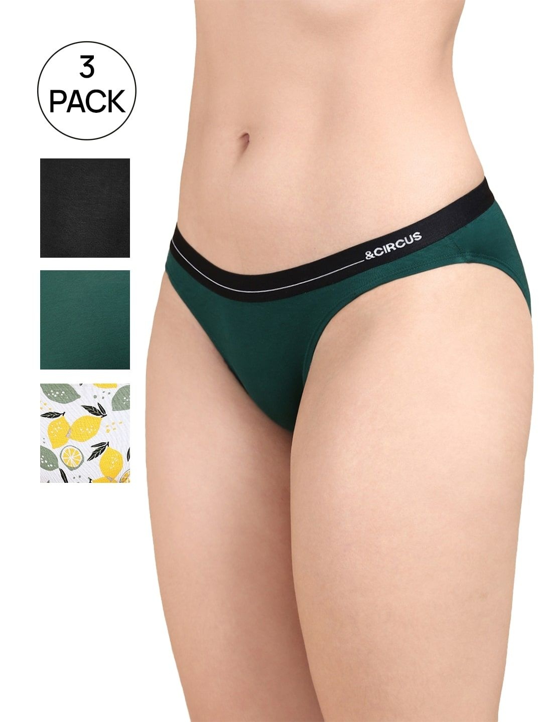 

&CIRCUS Women Pack Of 3 Printed Hypoallergenic Breathable Bikini Briefs, Green