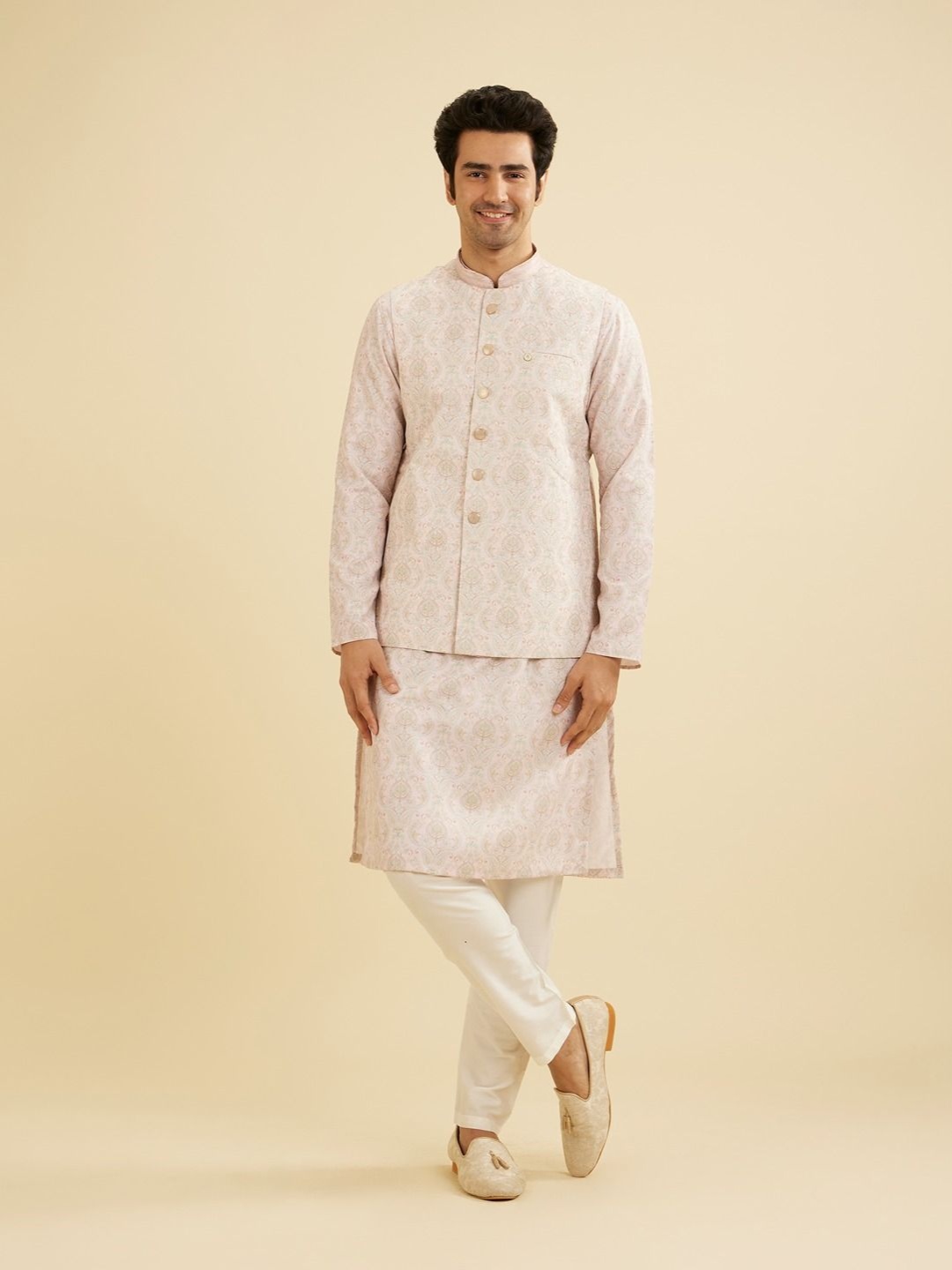 

Manyavar Men Floral Embroidered Regular Kurta with Pyjamas And Jacket, Pink