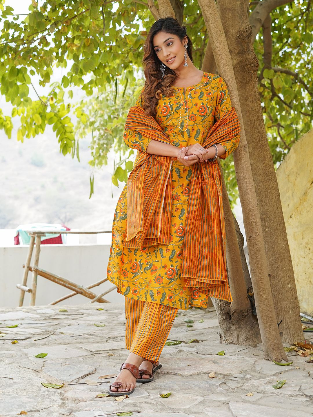 

Jaitpuriya Floral Printed Notch-Neck Pure Cotton Straight Kurta With Trousers And Dupatta, Mustard