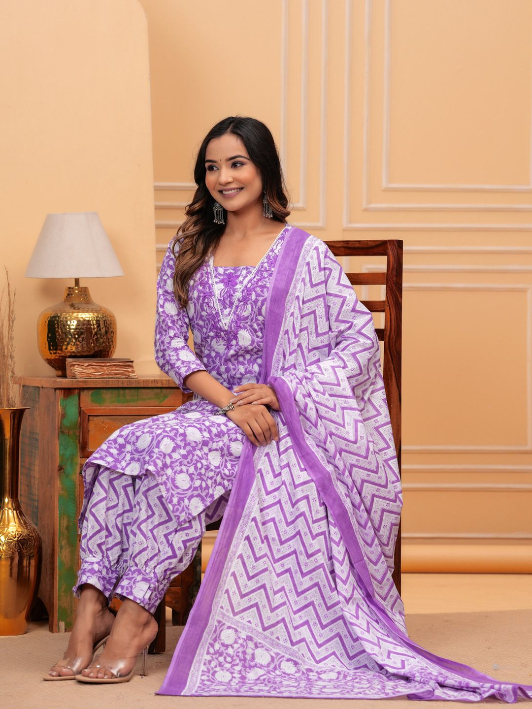 

Fabcurio Floral Printed Notch Neck Pure Cotton Straight Kurta With Salwar & Dupatta, Purple
