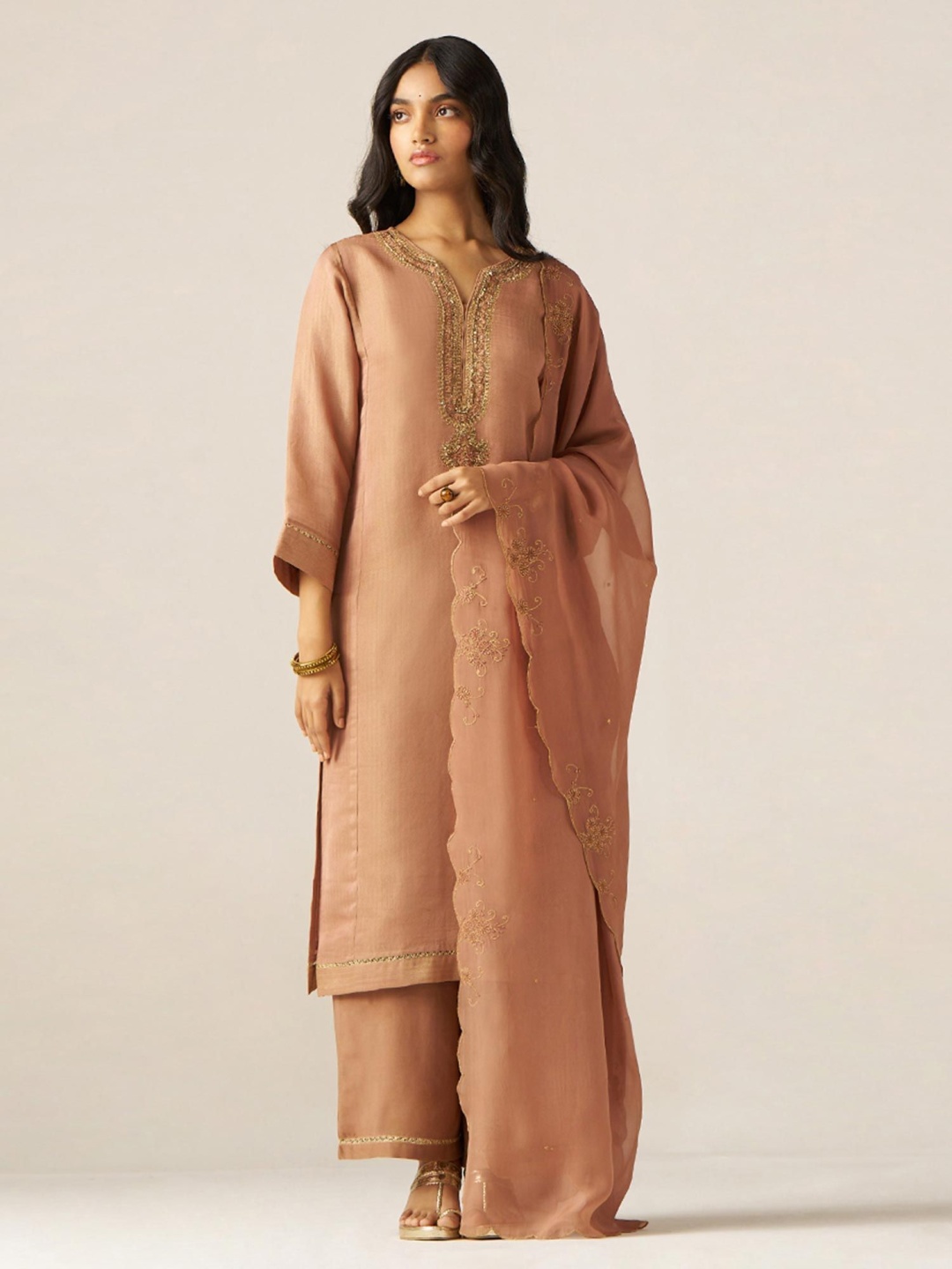 

Ganga Floral Yoke Design V-Neck Thread Work Tissue Straight Kurta With Palazzos & Dupatta, Beige