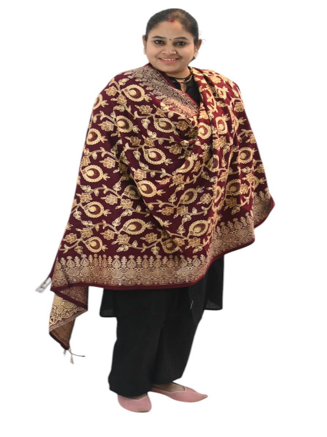 

Vrinde Floral Embroidered Woollen Shawl, Burgundy