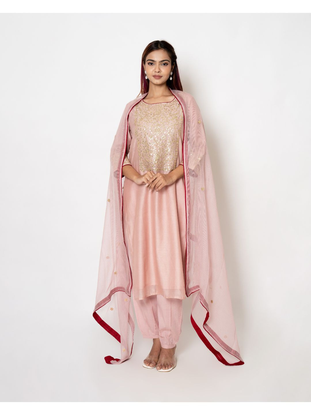 

Kameez by Pooja Kejriwal Floral Embroidered Straight Kurta With Salwar & Dupatta, Pink