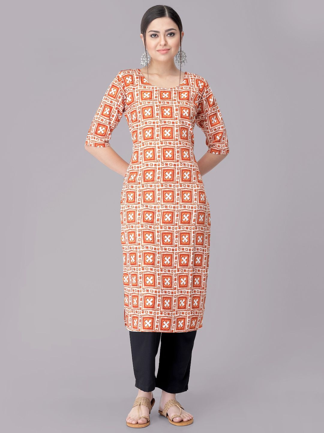 

7Threads Ethnic Motifs Printed Round Neck Straight Kurta With Trousers, Orange
