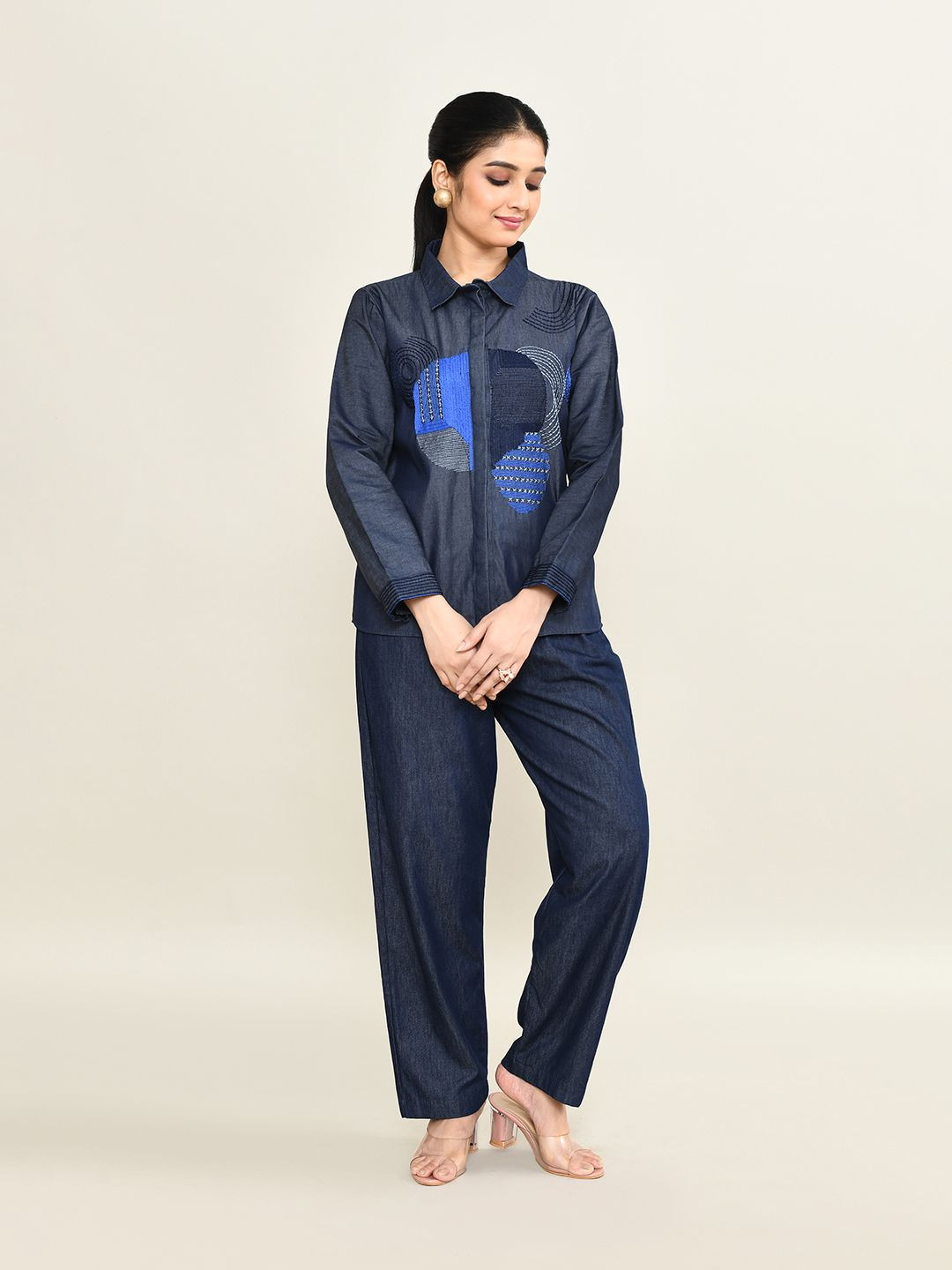 

The Maple Geometric Embroidered Shirt Collar Neck Shirt With Trousers, Navy blue