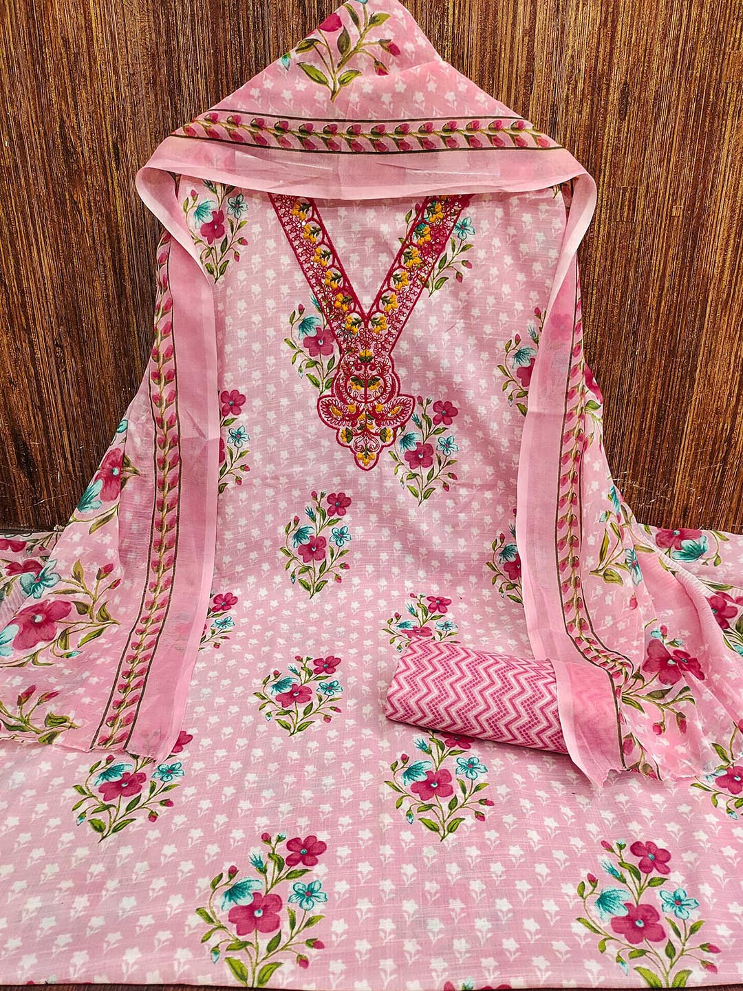 

KALINI Floral Printed Sequinned Unstitched Dress Material, Pink