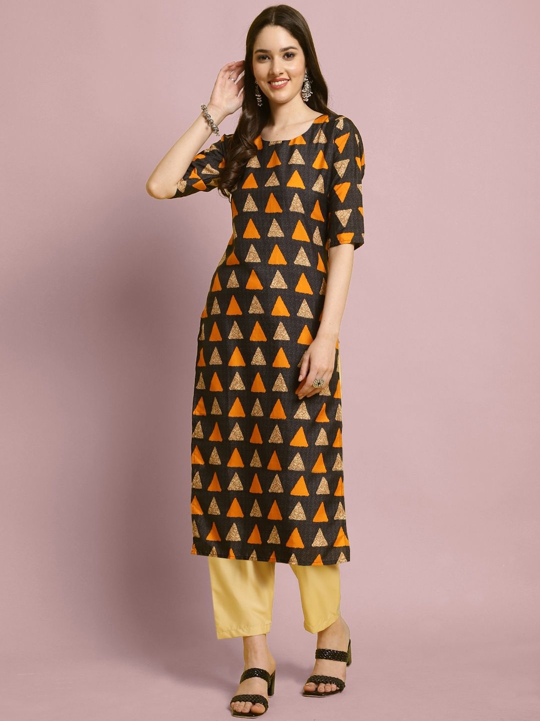 

7Threads Geometric Printed Straight Kurta With Trouser, Black
