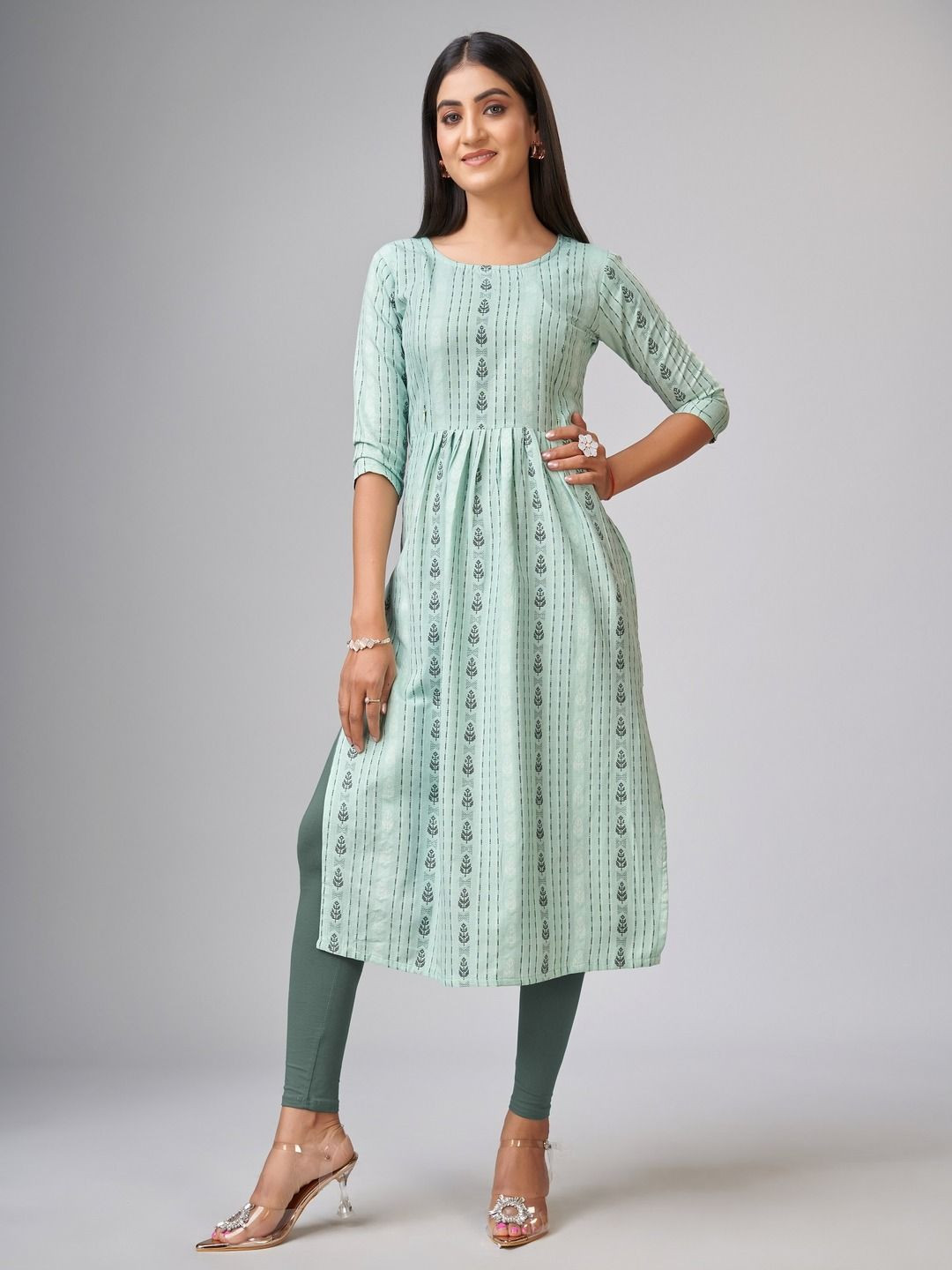 

Lerkiza Ethnic Motif Woven Design Round Neck Anarkali A-Line Pure Cotton Maternity Kurta, Sea green