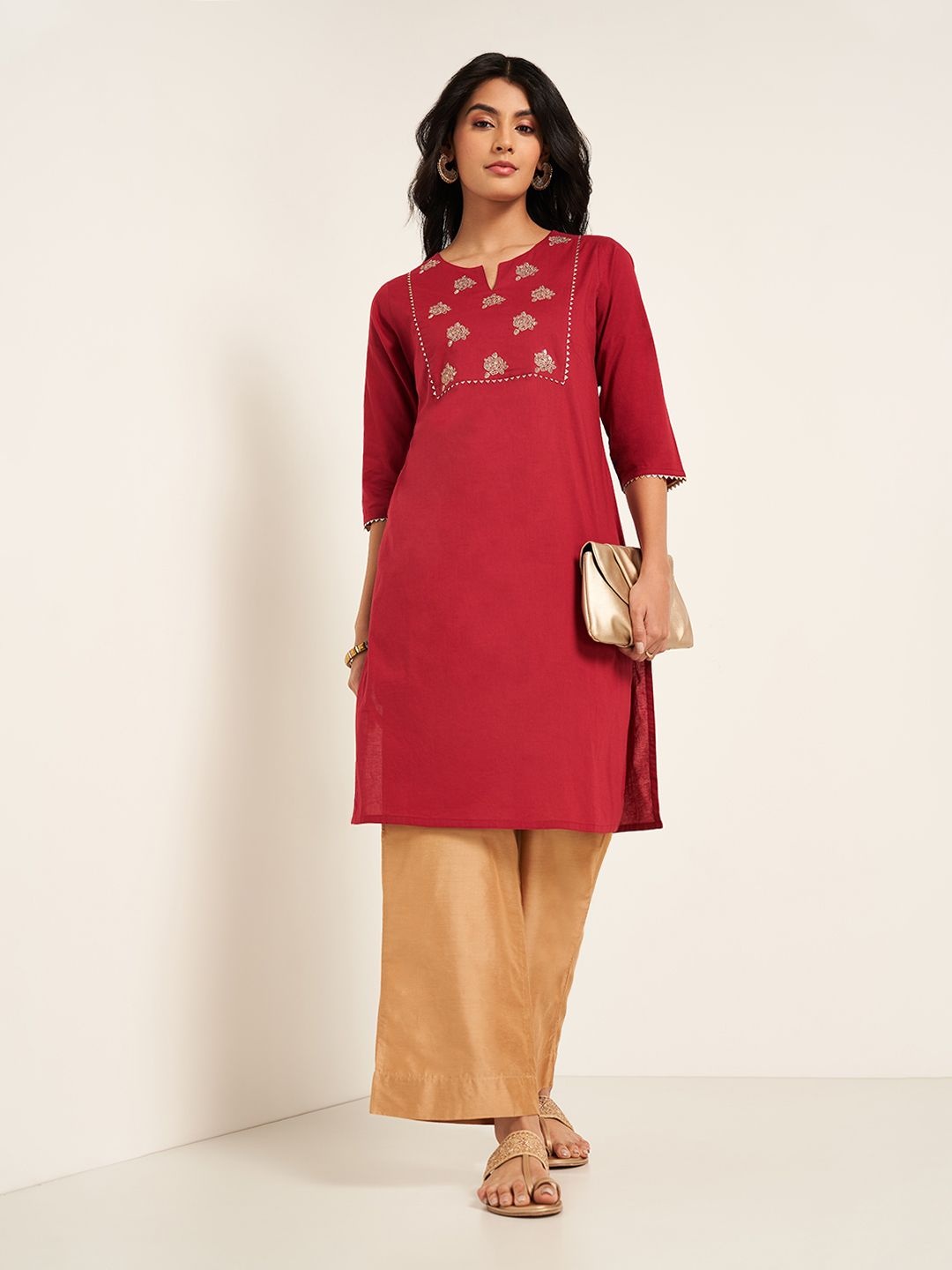 

RANGMANCH BY PANTALOONS Gotta Patti Work Pure Cotton Kurta, Red