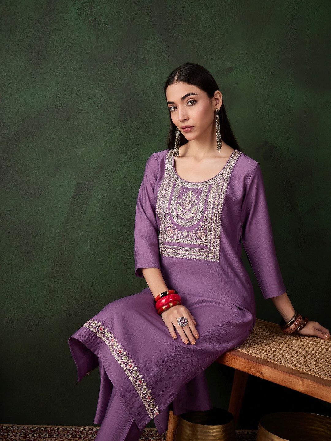

Sangria Floral Zari Embroidered Straight Kurta and Trouser, Purple