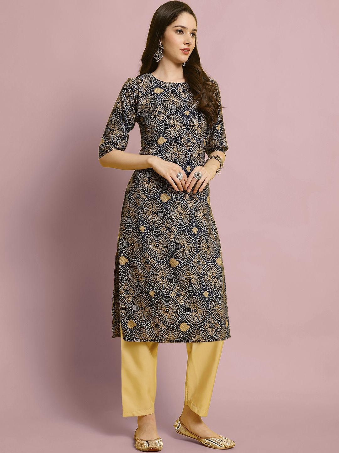 

7Threads Geometric Printed Straight Kurta With Trouser, Blue
