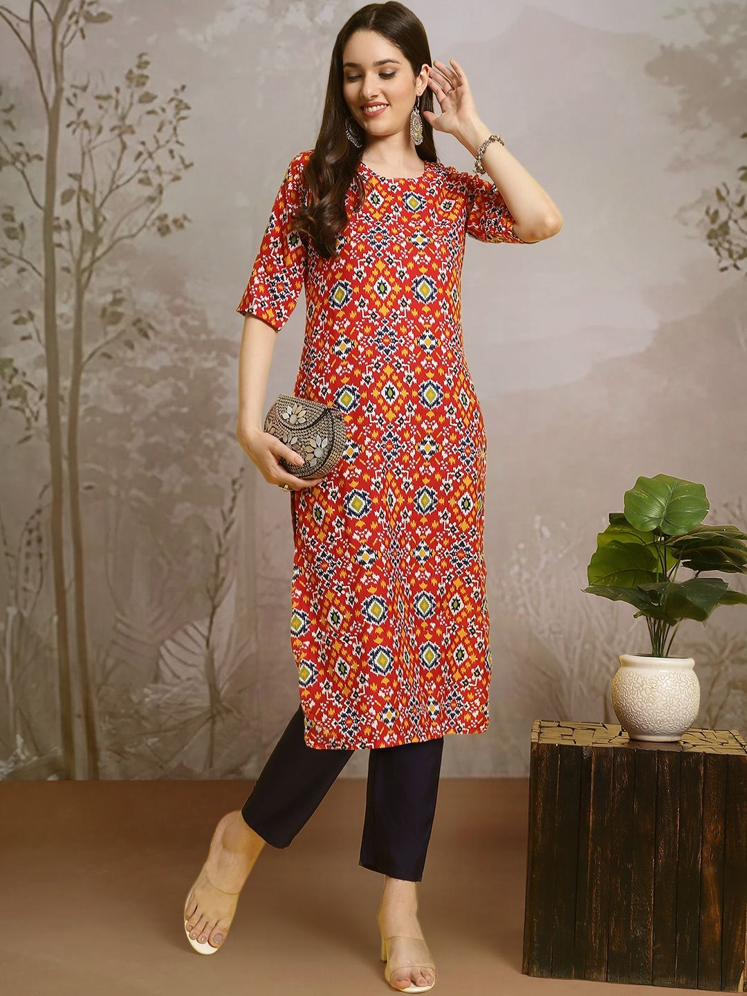 

7Threads Ethnic Motifs Printed Round Neck Straight Kurta With Trouser, Red