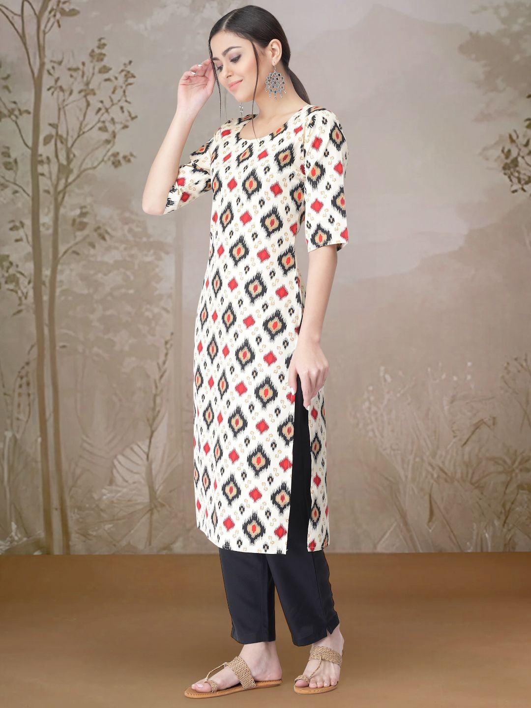 

7Threads Ethnic Motifs Printed Round Neck Straight Kurta With Trouser, White