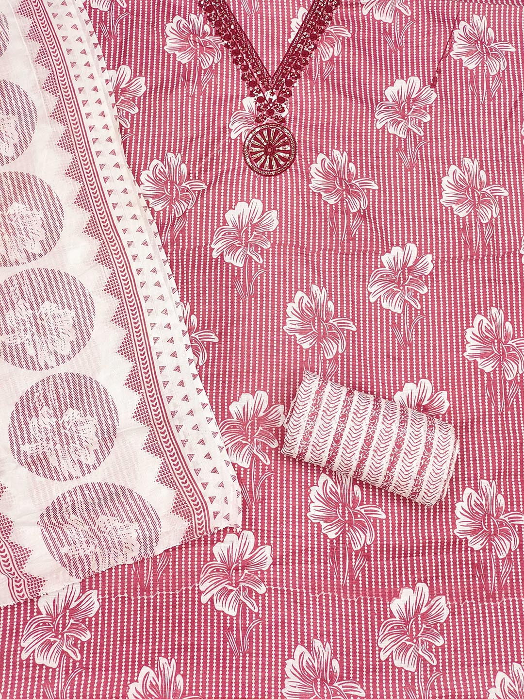 

KALINI Floral Printed Thread Work Unstitched Dress Material, Pink