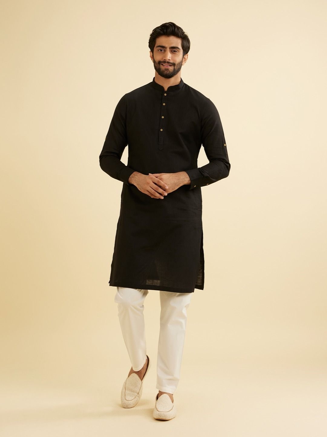 

Manyavar Mandarin Collar Cotton Straight Kurta, Black