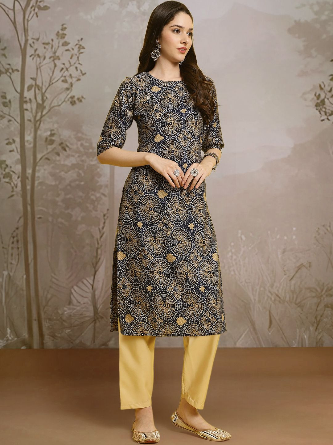 

7Threads Geometric Printed Round Neck Straight Kurta With Trouser, Navy blue