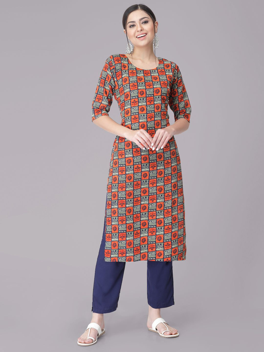 

7Threads Floral Printed Round Neck Straight Kurta With Trouser, Orange