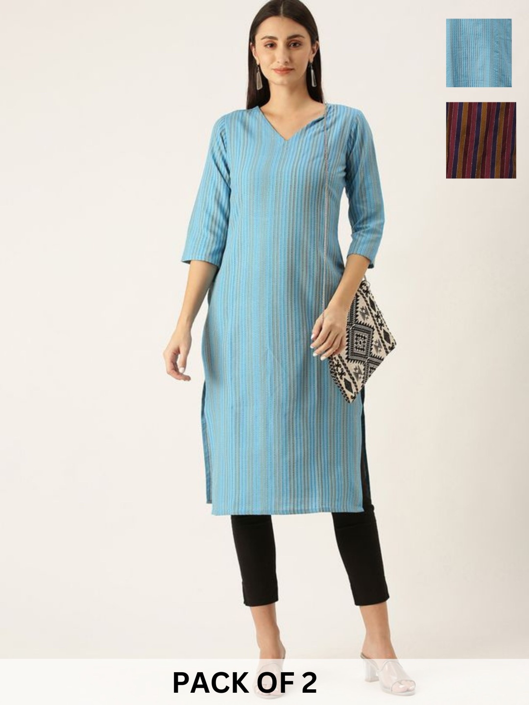 

KALINI Selection Of 2 Striped Printed V-Neck Straight Kurtas, Blue