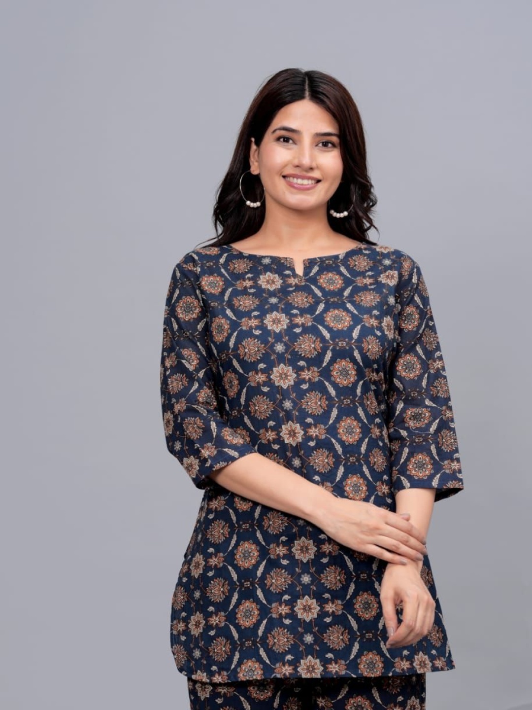 

MILAAV Printed Round Neck Three-Quarter Sleeves Pure Cotton Top With Trouser, Blue