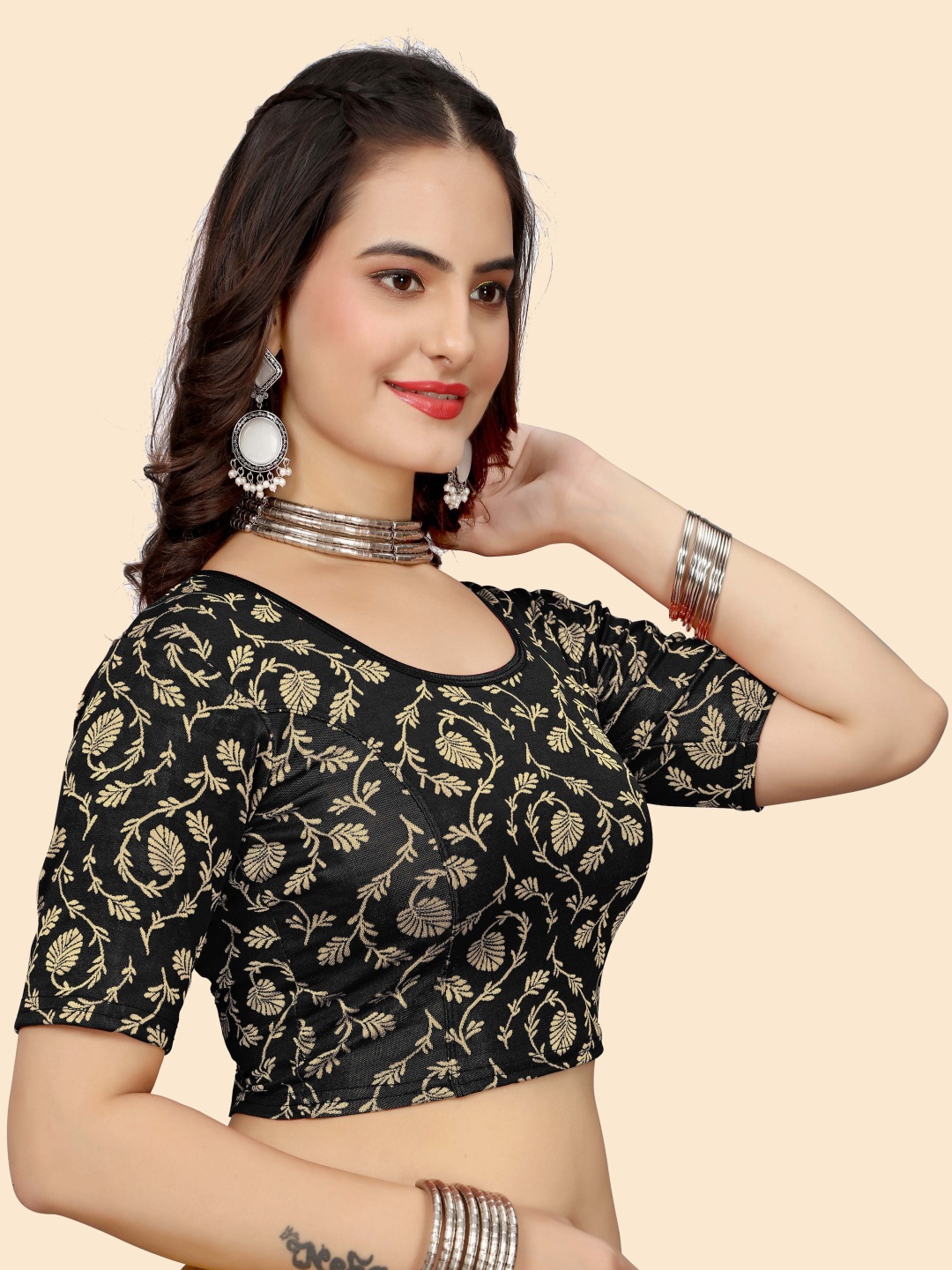 

SHREEJI DESIGNER Woven Design Stretchable Saree Blouse, Black