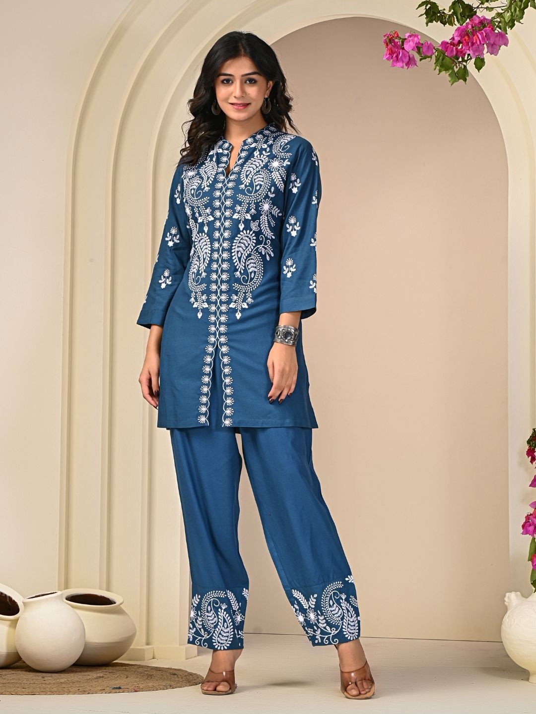 

Zolo Label Embroidered Tunic With Trousers, Blue