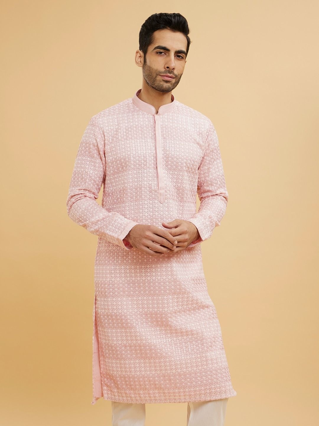 

Twamev Floral Embroidered Sequinned Mandarin Collar Georgette Straight Kurta With Churidar, Pink