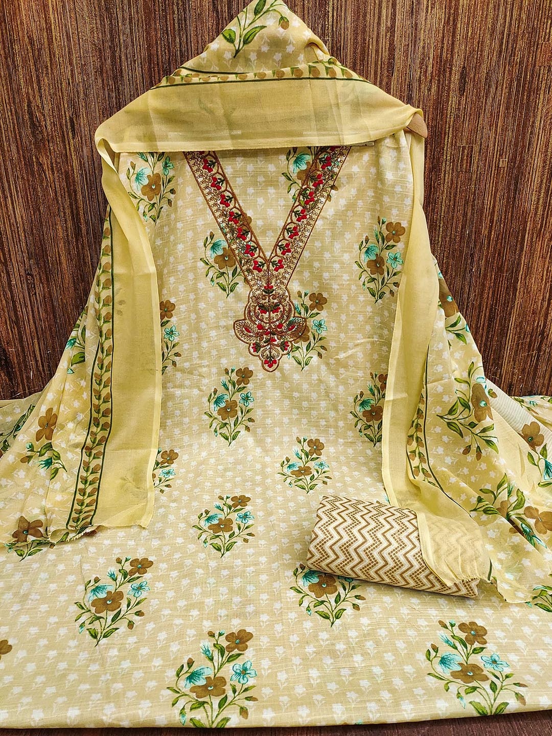 

KALINI Floral Printed Sequinned Unstitched Dress Material, Beige