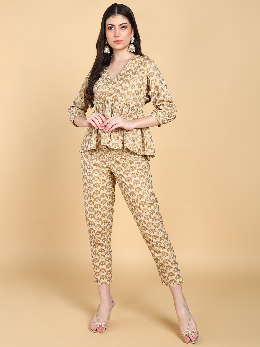 

HERE&NOW Printed V-Neck Three-Quarter Sleeves Pure Cotton Top & Trouser, Beige