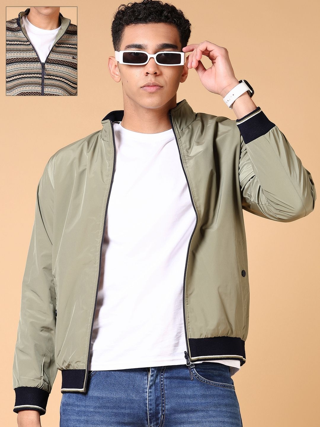 

V-Mart Men Mock Collar Solid Cotton Casual Bomber Jacket, Olive