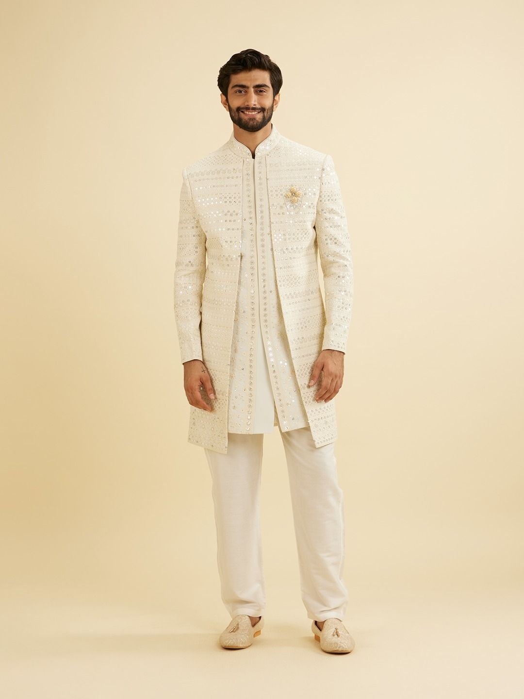 

Manyavar Men Embroidered Mandarin Collar Sherwani Set, Grey