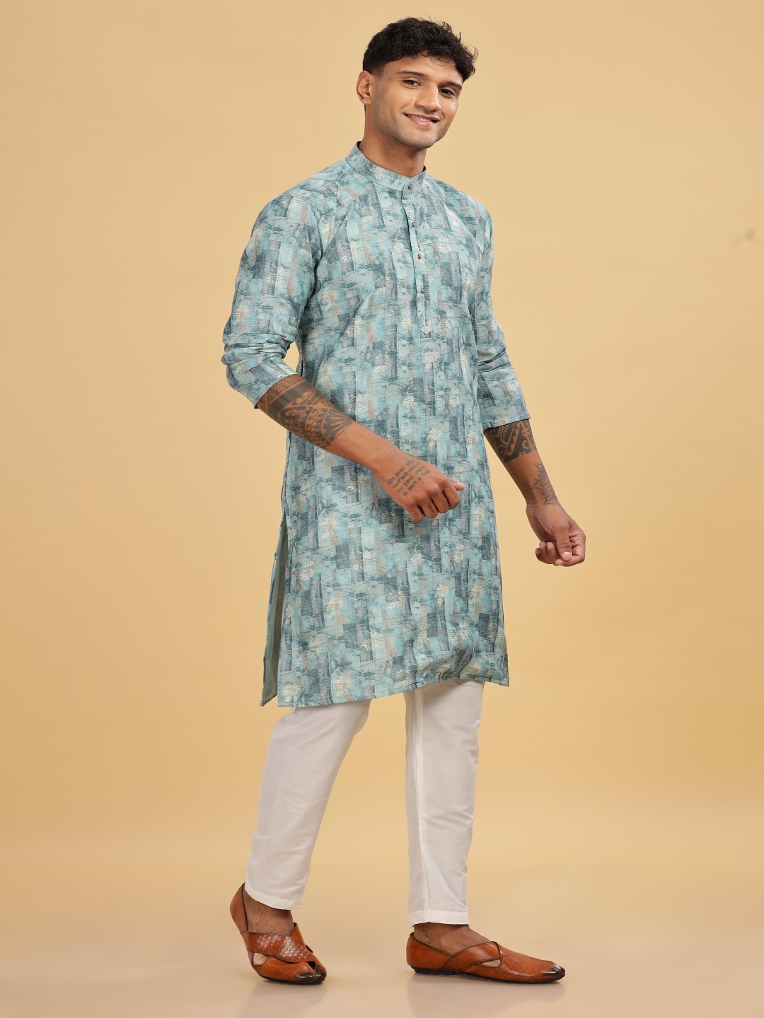 

Anouk Blue Abstract Printed Band Collar Cotton Straight Kurta