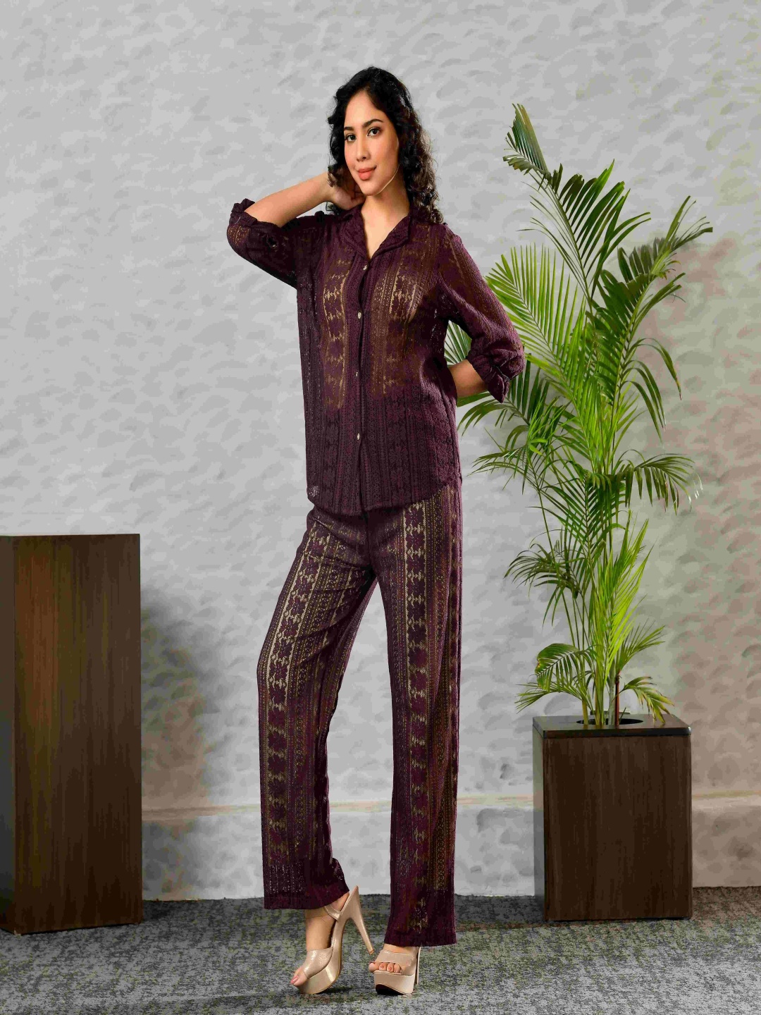 

Unityshop Self Design Shirt Collar Long Sleeves Shirt With Trouser, Maroon