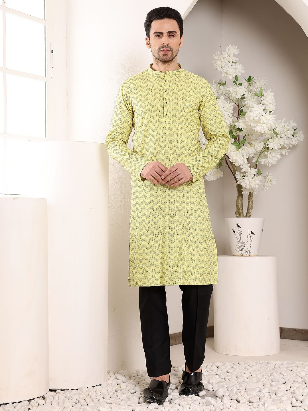 

MULTI SHADES Chevron Mandarin Collar Thread Work Pure Cotton Straight Kurta With Churidar, Yellow