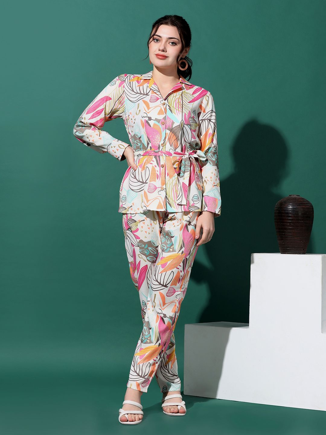 

Moda Rapido White Printed Lapel Collar Long Sleeves Shirt With Trouser