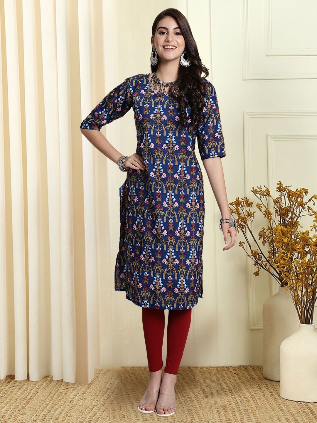 

7Threads Ethnic Motifs Printed Round Neck Straight Shaped Kurta, Navy blue