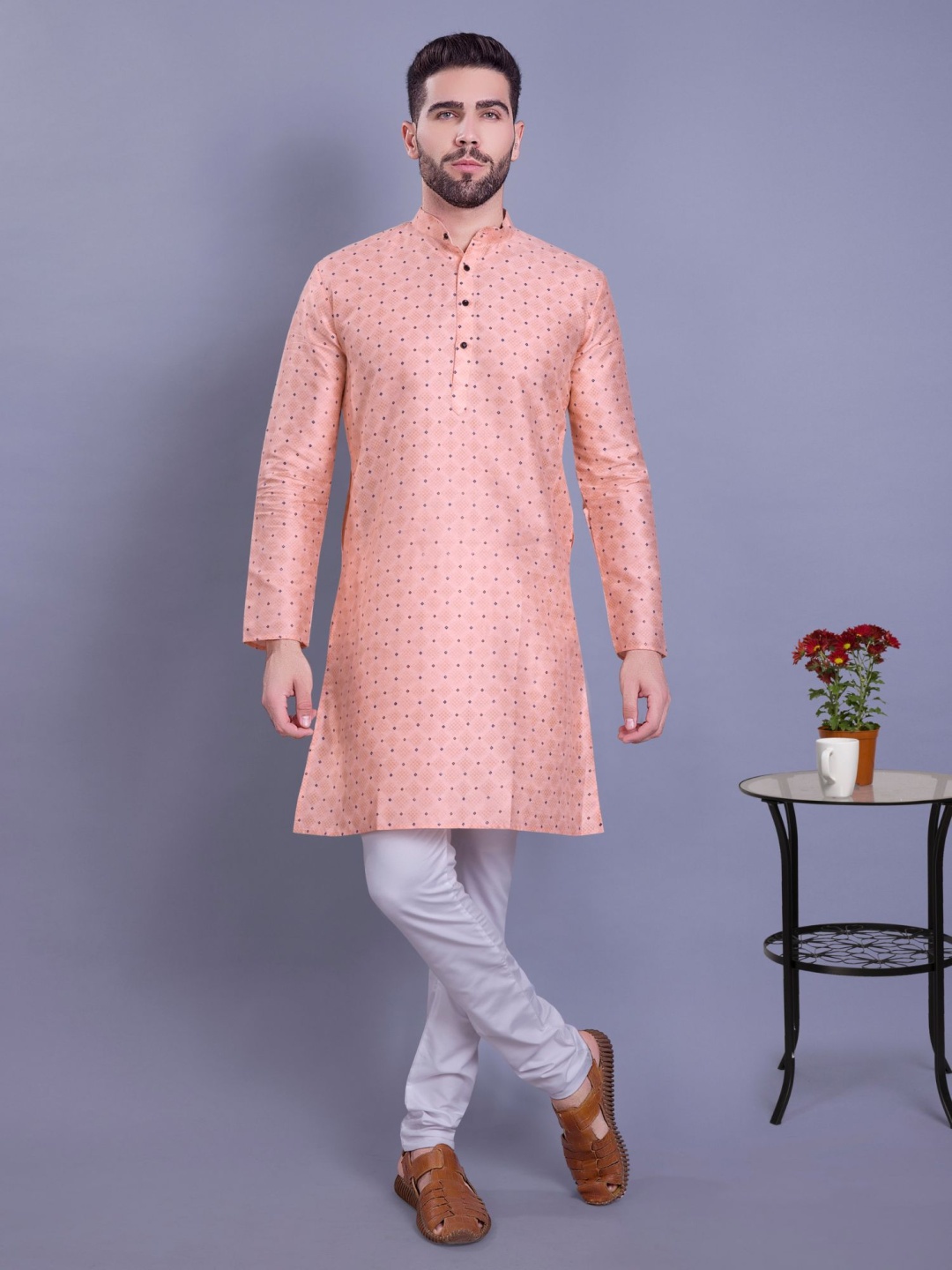 

SHIWAM Geometric Printed Band Collar Straight Kurta, Peach
