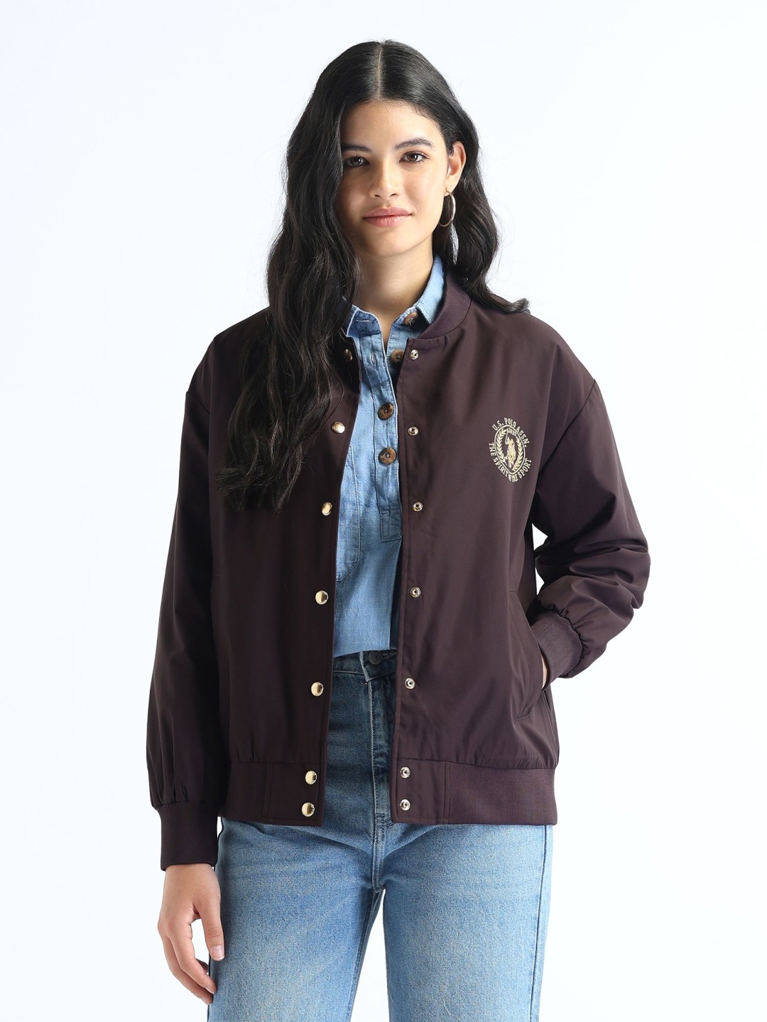 

U.S. Polo Assn. Women Stand Collar Solid Casual Bomber Jacket, Burgundy