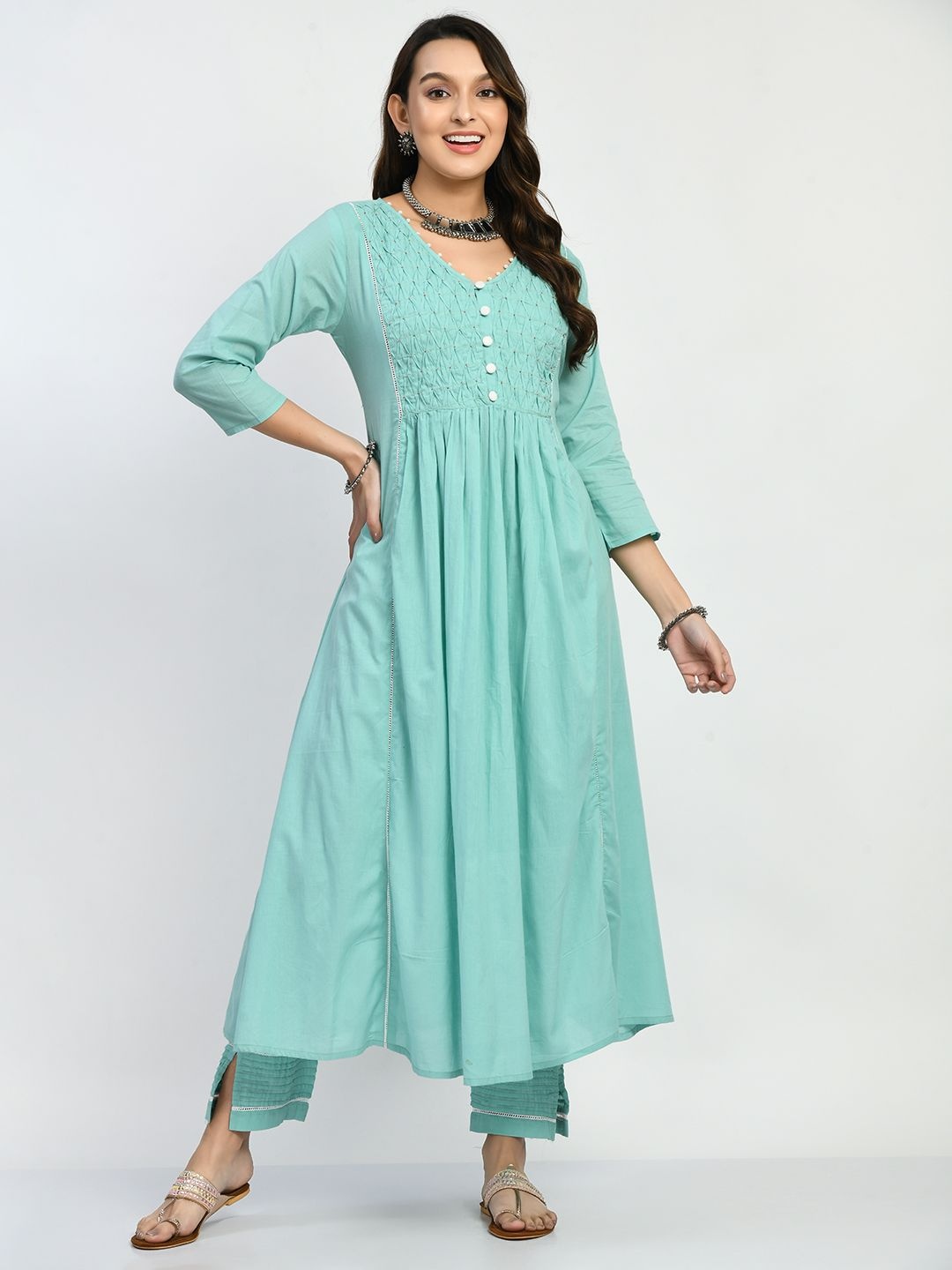 

SHOOLIN Embellished V-Neck Pleated Pure Cotton A-Line Kurta With Trousers, Turquoise blue