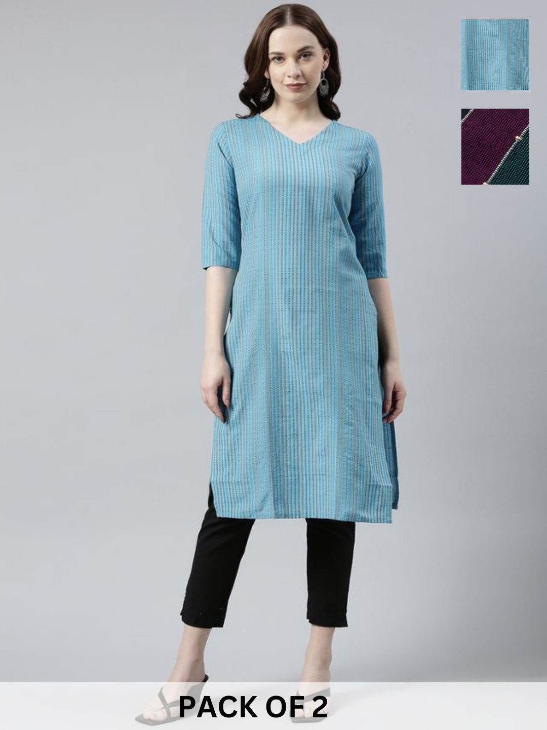 

KALINI Selection Of 2 Striped Printed V-Neck Straight Kurtas, Blue
