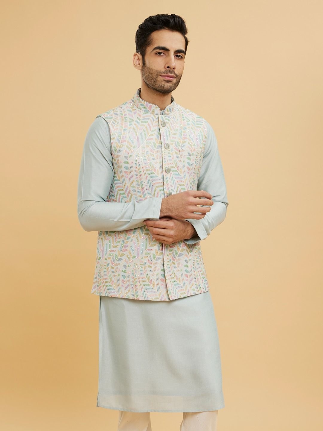 

Twamev Mandarin Collar Straight Kurta with Churidar & Sequinned Jacket, Grey