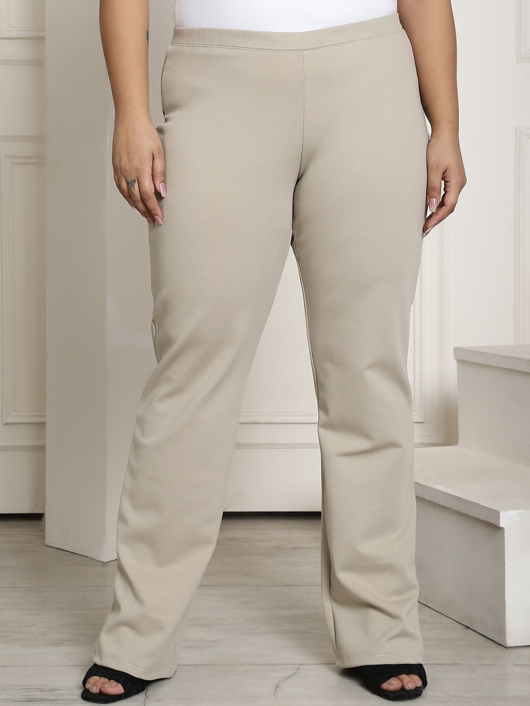 

theRebelinme Women Plus Size Straight Fit High-Rise Trousers, Beige